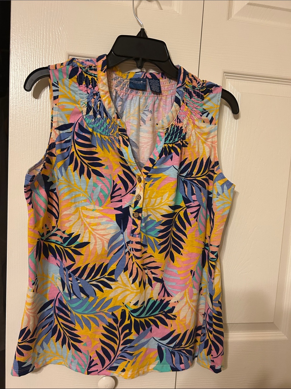 Caribbean Joe Sleeveless Tropical Leaf Henley sleeveless top — Yellow Navy Pink